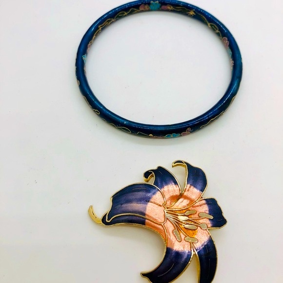 Vintage Blue Cloisonné Brooch and Bangle Bracelet - Picture 7 of 9